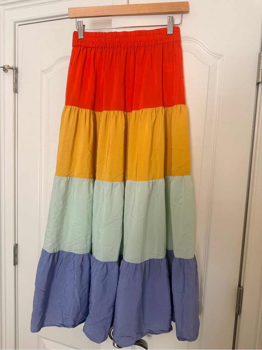eesome Colorblock Tiered Maxi Skirt in Red, Yellow, Mint & Lavender